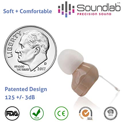 Soundlab Hearing Amplifier – Super Mini, in-the-Canal (ITC), Wireless Earbud with Soft Gel Tip and Long-Life Hearing Aid Batteries, Invisible, Crystal Clear Sound, Soft and Comfortable.