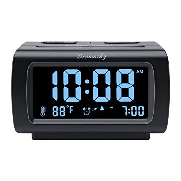 DreamSky Decent Alarm Clock Radio With FM Radio, USB Port For Charging, 1.2 " Blue Digit Display With Dimmer , Temperature Display , Snooze, Adjustable Alarm Volume , Sleep Timer, Battery Backup