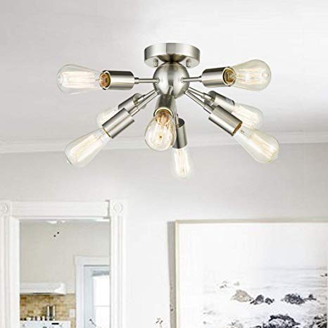 CLAXY Ecopower Brushed Nickel Sputnik Chandelier with 8 Socket Flush Mount Ceiling Light