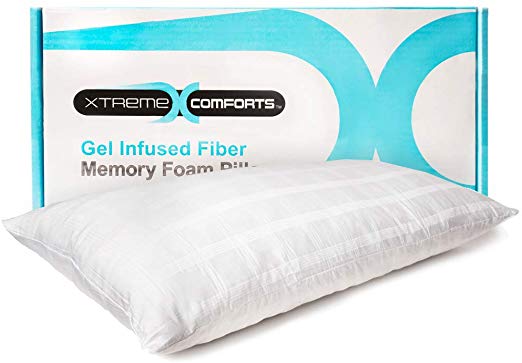 Xtreme Comforts Gel Infused Fiber Memory Foam Queen Pillow with Removable Tencel Cover – Cooling, Adjustable, Hypoallergenic Pillow - Perfect Support for Back, Stomach, Side Sleepers