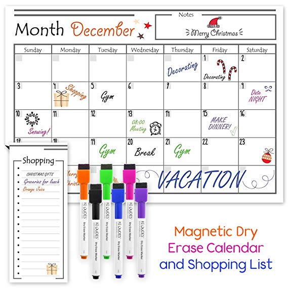 Kedudes Magnetic Dry Erase Calendar for Refrigerator with 6 Markers & Magnetic Shopping List – Kitchen Fridge Calendar White Board, Schedule Planner Wall Set