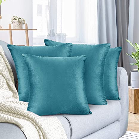 Nestl Bedding Throw Pillow Covers, Cozy Velvet Decorative Outdoor Pillow Covers 16 x 16 Inches, Soft Solid Cushion Covers for Sofa, Bed and Car, Set of 4 - Teal