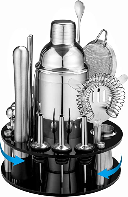 HBlife 18 Piece Cocktail Shaker Set Bartender Kit with Rotating Stand, Stainless Steel Bar Tool Set with 25oz/750ML Martini Shaker, Cocktail Strainer, Conical Strainer, Muddler, Double Jigger, Mixing Spoon, Ice Tong, Pour Spout & More, Perfect for Christmas Gifts, Home Bars and Parties, Silver