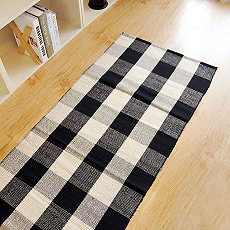 100% Cotton Plaid Rugs Black/White Hand-Woven Checkered Door Mat Washable Rag Throw Rugs, 24''x70.8'', Reversible Black and White Plaid Rug