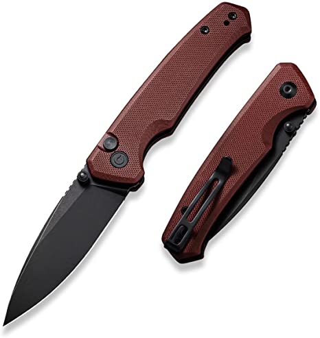 CIVIVI Altus Pocket Folding Knife with Button Lock and Thumb Stud Opener, 2.97" Nitro-V Black Stonewashed Blade Burgundy G10 Handle C20076-2