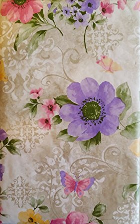 Butterflies Among Pink, Yellow and Purple Violets Vinyl Flannel Back Tablecloth (60" Round)