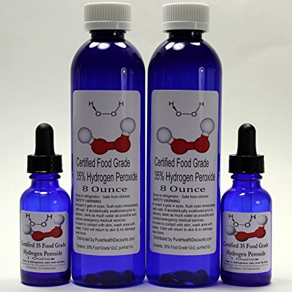 100% Natural Two 8 Oz 35 Percent Food Grade Hydrogen Peroxide with Two Free h2o2 filled Dropper Bottles