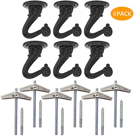 Deloky 6 Sets Brass Ceiling Hook -Metal Heavy Duty Swag Ceiling Hooks with Hardware and Toggle Wings for Hanging Plants, Chandeliers Ceiling Installation Cavity Wall Fixing (Black)