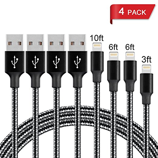 iPhone Charger,UPMSX Lightning Cable 4Pack 3FT 6FT 6FT 10FT to USB Syncing and Charging Cable Data Nylon Braided Cord Charger for iPhone X, iPhone 8/8 Plus/7/7 Plus/6s/6s Plus/6/6 Plus(Black&White)