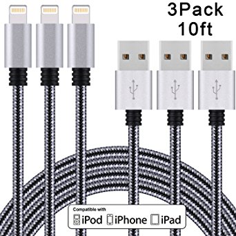 Sundix iPhone Charger 3Pack 10FT Lightning Cable Nylon Braided iPhone Charging Cable Compatible with iPhone 7/7 Plus/6s/6s Plus/6/6 Plus/5/5S/6C/SE/iPad and iPod(Blackgray)