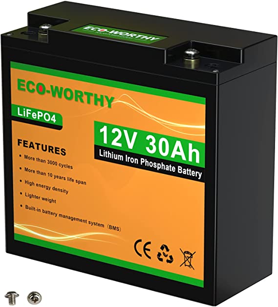 ECO-WORTHY 12V 30Ah LiFePO4 Lithium Iron Phosphate Battery with Built-in BMS Protection, Over 3000 Deep Cycle Rechargeable Battery Perfect for Trolling Motor, Kids Scooters, Fishfinder, Lawn Mower