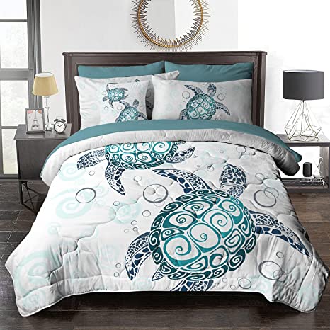 BlessLiving Sea Turtle Comforter Set Tropical Bed in a Bag Coastal Beach Themed Bedding with 1 Comforter, 2 Pillow Shams, 1 Flat Sheet, 1 Fitted Sheet, 1 Decorative Pillow Cover, 8 Piece, Queen, Aqua