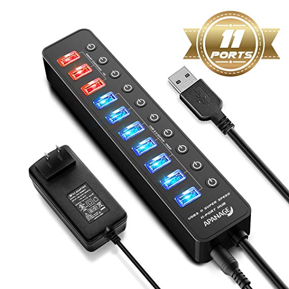 APANAGE Powered USB Hub Splitter, 11 Ports USB 3.0 Hub(7 High Speed Data Transfer Ports   4 Smart Charging Ports) with Individual On/Off Switches and 48W Power Adapter for Mac Pro/mini, PC, HDD, Disk