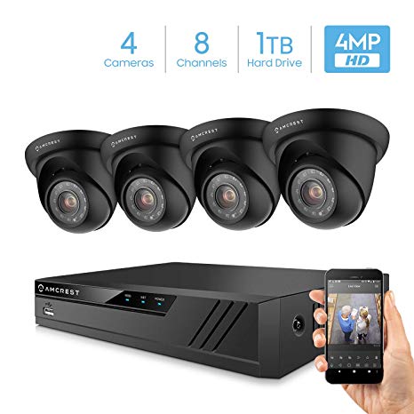 Amcrest UltraHD 4-Megapixel 8CH Video Security System with Four 4.0MP Outdoor IP67 Dome Cameras, 98ft Night Vision, 100° Viewing Angle, Pre-Installed 1TB Hard Drive, (AMDV40M8-4D-B)