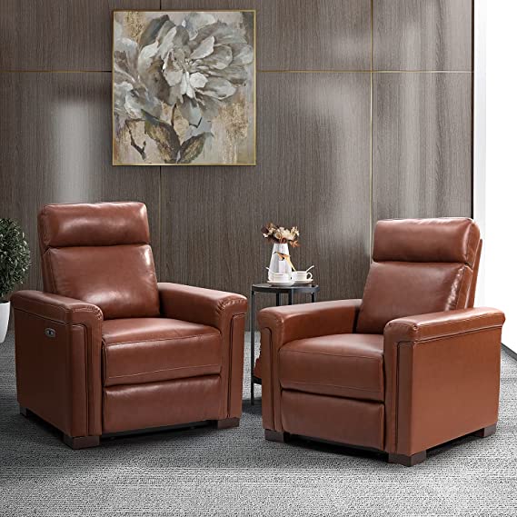 HULALA HOME Genuine Leather Electric Power Recliner Chairs Set of 2, Classic Reclining Armchairs with USB Ports, Extended Footrest, Soft Home Theater Seating for Living Room Bedroom Office, Brown