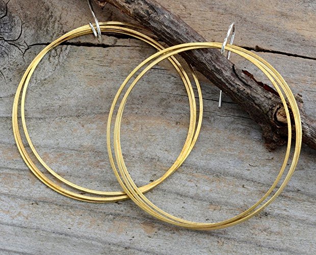 Large big hoop earrings gold raw brass multiple thin 2" dangle hoops for women handmade mixed metal jewelry