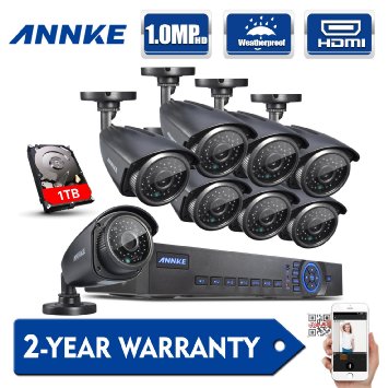 Updated 1200TVL Annke 8CH 960H DVR Security Camera System w 8 1200TVL 110ft Night Vision Outdoor Hi-Resolution Weatherproof Surveillance Camera and 1TB Pre-installed HDD Internet Access Smartphone Scan QR Code Quick Remote Viewing