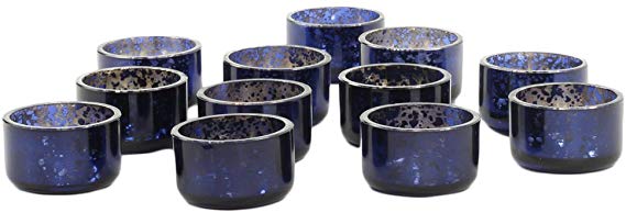 Koyal Wholesale Mercury Tealight Candle Holders, 12-Pack Set, Petite Aged Vintage Glass Candle Containers for Tea Light Candles, Battery Operated Tealight Candles, Tealight Votives (Navy Blue)