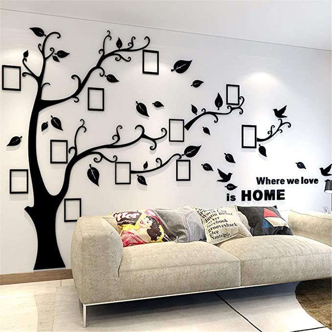 Unitendo 3D Acrylic Wall Stickers Photo Frames FamilyTree Wall Decal Easy to Install &Apply DIY Photo Gallery Frame Decor Sticker Home Art Decor (Black Leaves-Left, XL)