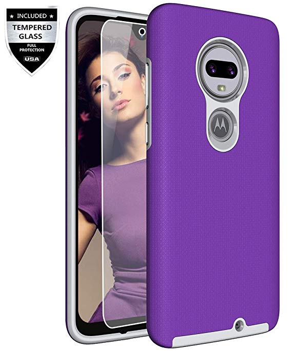 Moto G7 Case, Moto G7 Plus Case with [9H Tempered Glass Screen Protector], Sunnyw Shock Absorption Anti-Scratch Silicone Plastic Dual Layer Hybrid Armor Cover for Motorola Moto G7/G7 Plus (Purple)