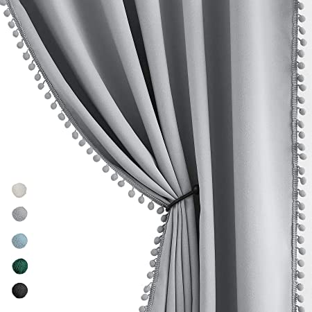 Grey Pompom Curtains for Bedroom Living Room 95 inch Triple Weave Half Blackout Window Curtains for Hotel Men's Guest Room Drapes 50" w x2 Panels Rod Pocket