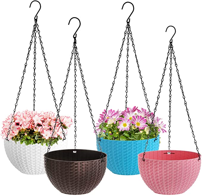 Foraineam Set of 4 Colors 8.2 inch Self-Watering Hanging Planters, Garden Flower Plant Pot Container, Hanging Basket Planter with Drainer and Chain for Indoor Outdoor Use