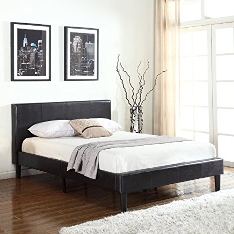 Deluxe Espresso Brown Bonded Leather Platform Bed with Wooden Slats (Twin)