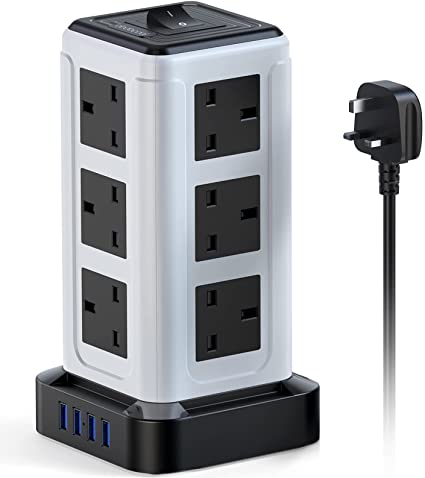 Extension Lead Tower 12 Way, Power Strip Surge Protector, 3250W/13A with 4 Smart USB Ports(3.1A), 3 Metre Long Extension Cable with Overload Protection, Plug Extension for Home, Office, School, Garage