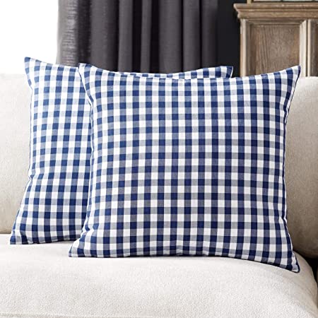 Foindtower Pack of 2 Farmhouse Decorative Gingham Throw Pillow Covers Classic Checkered Plaid Cushion Cover Rustic Modern Retro Decor for Couch Bedding Chair 18 x 18 Inch Navy and White