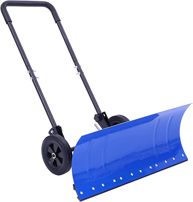 Ohuhu Snow Shovel for Driveway: Heavy Duty Metal Snow Shovels with Wheels for Snow Removal, Wheeled Snow Pusher with Adjustable Angle & Height, 30"x12" Wide Blade Efficient Remove Tool for Doorway