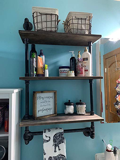Bathroom Shelves Wall Mounted 3 Tiered,24in Industrial Pipe Shelving,Rustic Wood Shelf With Towel Bar,Black Farmhouse Towel Rack,Metal Floating Shelves Towel Holder,Iron Distressed Shelf Over Toilet