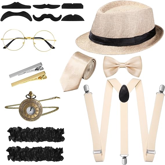 SATINIOR 1920s Roaring Retro Men Costume Accessories Set Gangster Hat Bow Tie Pocket Watch Suspender Glass Beard Tie Clip