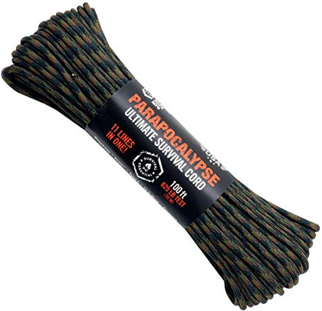 Atwood Rope MFG Parapocalypse Paracord/Parachute Cord 7-Strand Core with Fire Starter Waxed Jute, 10lb Mono Fishing Line, Dyna-x, and Yellow Kevlar Cord 625lb Test