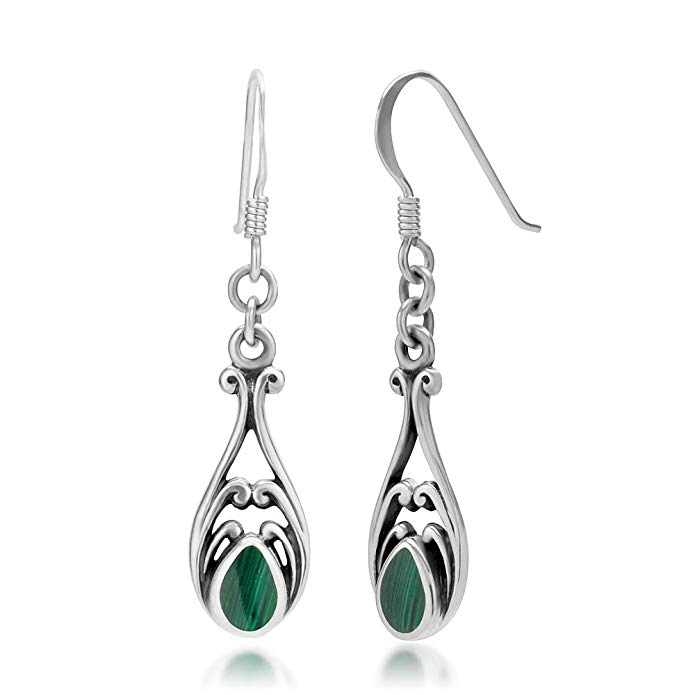 925 Sterling Silver Gemstone Filigree Dangle Hook Earrings