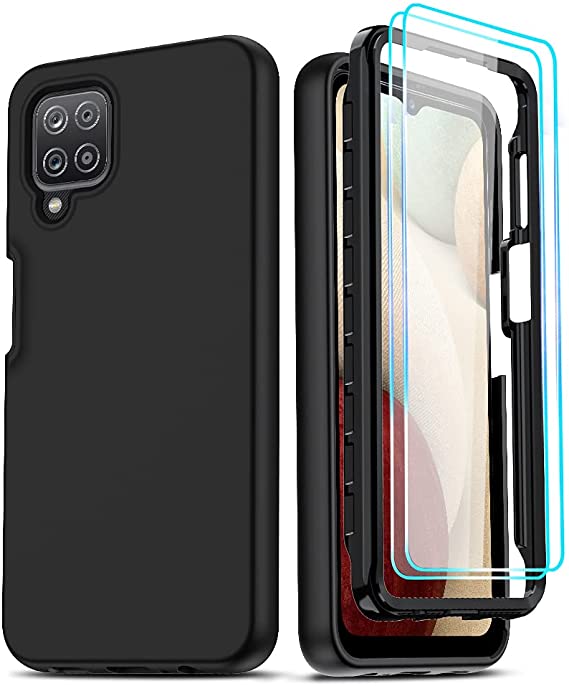 LeYi for Samsung A12 Case, Samsung Galaxy A12 Case with [2 x Tempered Glass Screen Protector], Full-Body Shockproof Soft Liquid Silicone Hybrid Protective Phone Cover Case for Galaxy A12 5G, Black