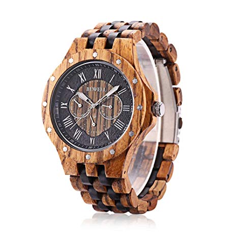 Bewell W116C Mens Wooden Watch with Date Day Luminous Hands Lightweight Wristwatch