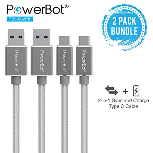 PowerBot PB303 2-Pack Data Sync 2.4A Charging Cable 5Gbps High-Speed USB 3.1 Type-C to USB 3.0 Type-A 4 Feet 1.2 Meters Braided Nylon w/ Aluminum Connector for MacBook, Google Nexus, LG G5, Lumia