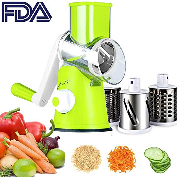 Cheese Grater Rotary Handheld Vegetable Slicer Rotary Drum Grater 3-Blades Manual Vegetable Mandoline Chopper with Suction Cup Feet Vegetable Fruit Cheese Shredder Stainless Steel