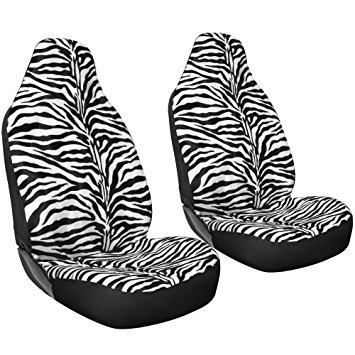 Oxgord 2pc Set Zebra Animal Print / White, Black Auto Seat Covers Set - Airbag Compatible - Integrated High Back Buckets - Universal Fit for Car, Truck, Suv, or Van