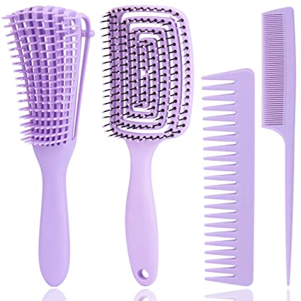 4 Pcs Hair Brush Comb Set - ez Detangling Brush Massage Brush Wide Tooth Comb Tail Comb Detangler for Afro American 3a to 4c Curly Natural Hair, Great On Long Thick Wet or Dry Hair (Purple)