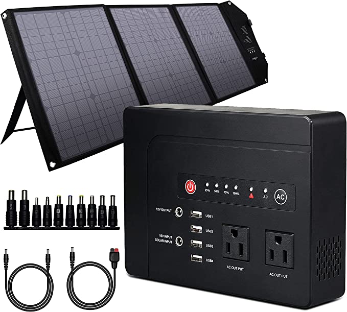 200W Solar Generator, 146Wh Portable Power Station with Pure Sine Wave AC Outlet, 42000mAh Backup Lithium Battery, 60W Solar Panel Charger for Outdoors Camping Travel Hunting Emergency