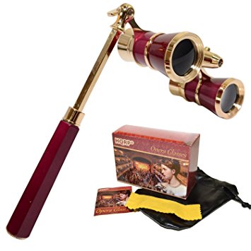HQRP Opera Glasses / Binoculars w/ Crystal Clear Optic (CCO) 3 x 25 in Burgundy Color with Golden Trim, Built-In Extendable Handle and Red Reading Light