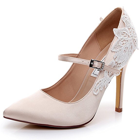 LUXVEER Satin Wedding Shoes Sexy Women Shoes with Lace Flowers Bridal Shoes High Heel Evening Shoes 4.5 inch RS-2064