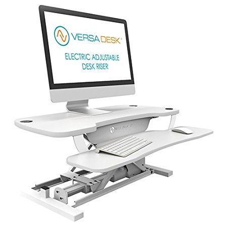 VersaDesk Power Pro - 36" Electric Height Adjustable Standing Desk Riser. Power Sit to Stand Desktop Converter with Keyboard Tray. All White