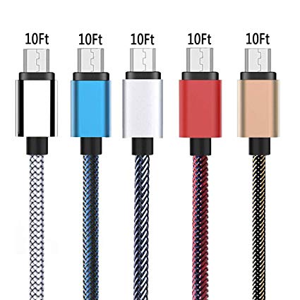 Micro USB Cables 5Pack 10FT Nylon Braided Data Sync Charger Cord High Speed Fast Charger for Android Samsung HTC Motorola LG Sony Tablets with Micro Port(Blue Gold White Red Silver)