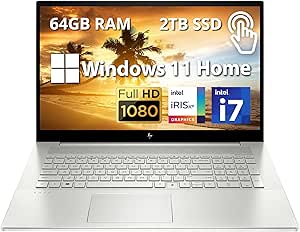 HP Envy 17.3" Full HD Touchscreen Laptop, Intel i7-1195G7 Processor, 64GB RAM, 2TB SSD, Intel Iris Xe Graphics, Backlit Keyboard, HD Webcam, Windows 11, Silver (Renewed)