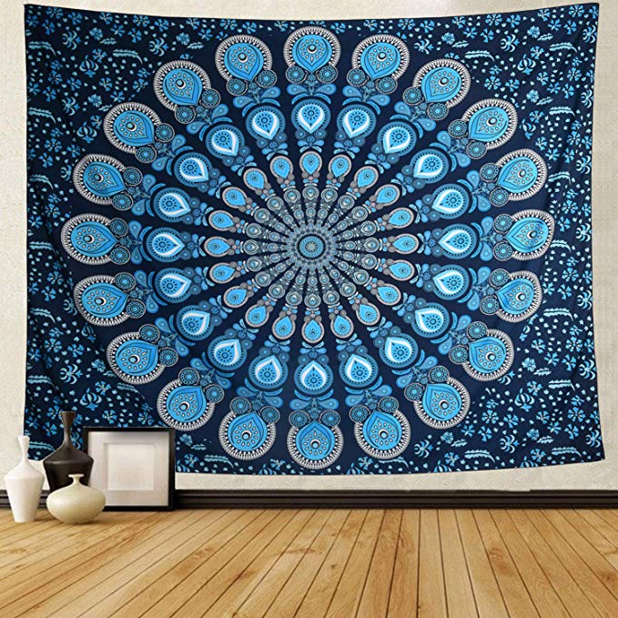 Cootime Blue Mandala Tapestry, Hippie Bohemian Flower Psychedelic Tapestry Wall Hanging Indian Dorm Decor for Living Room Bedroom 59.1x51 Inches