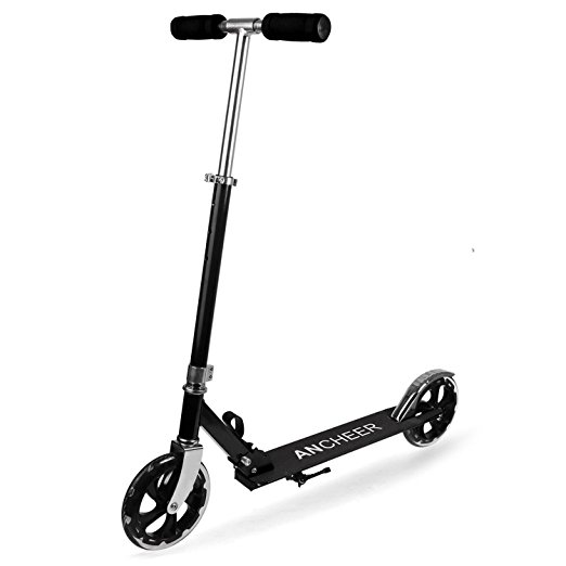 Ancheer Kick Scooter City Urban Commuter Push Scooter for Teens Adult--Height Adjustable, Easy-Folding, 2 Big PU Wheels, Rear Mudguard, Rear Brake/Suspension