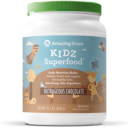 Amazing Grass Kidz Superfood: Organic Vegan Superfood Nutrition Shake for Kids, Greens, Fruits, Veggies with Pre and Pro Biotics, Outrageous Chocolate, 100 Servings