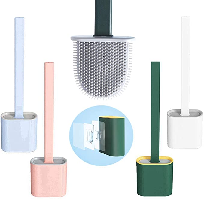 2020 New No-Slip Long Handle Toilet Bowl Cleaner Brush,Revolutionary Silicone Flex Toilet Brush with Holder, Standing Holder & Wall Mounting Cleaning Brush Set with A Set of Hooks (Green)